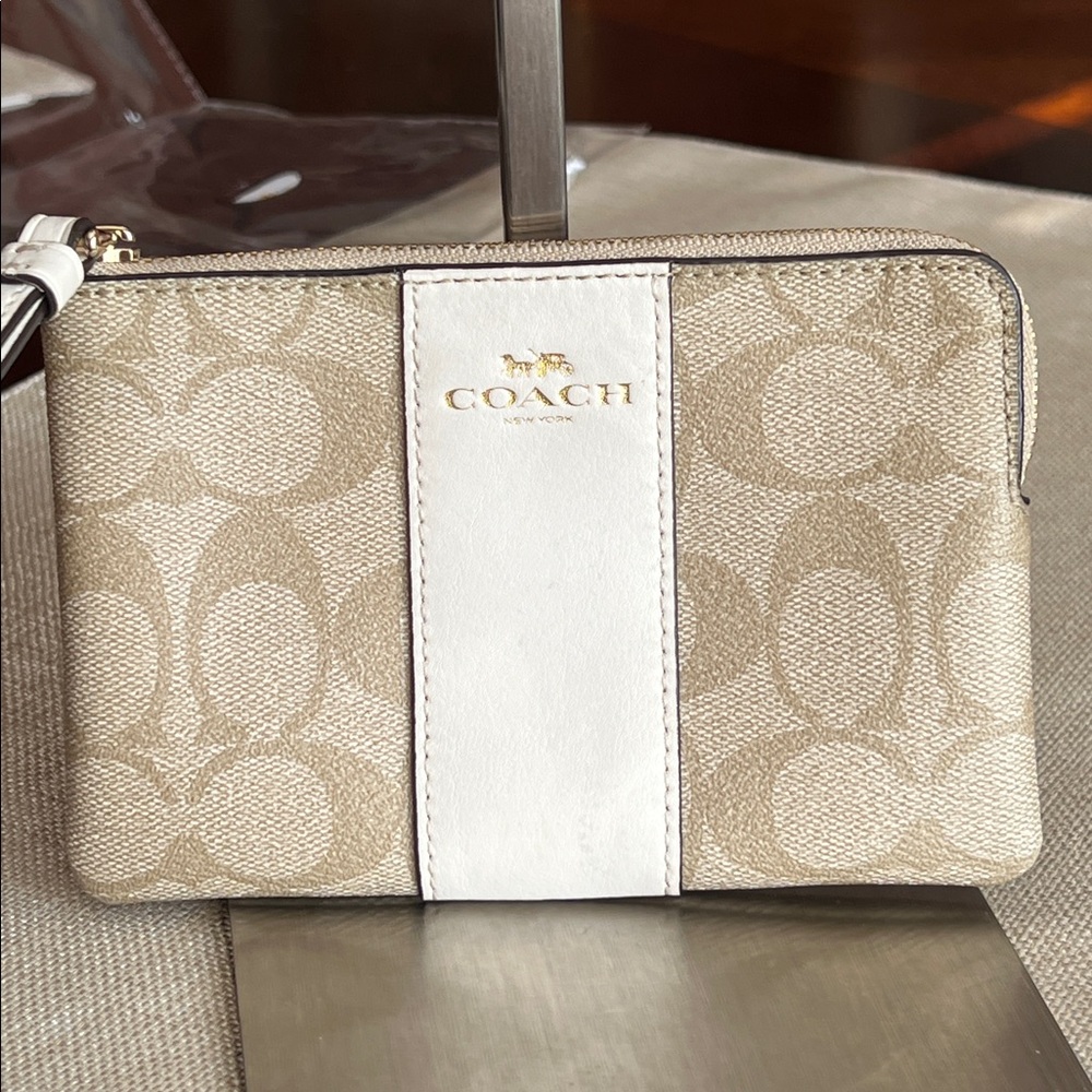 Coach Beige Signature Canvas Wristlet with White Leather Stripe